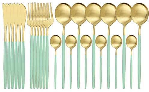 24 pièces or ensemble de vaisselle en acier inoxydable ensemble de couverts ensemble de couverts noir mat couteau fourchette cuillère argenterie ensemble de vaisselle (Color : 24Pcs Mint Gold)