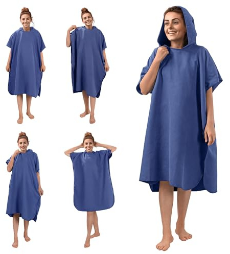 JEMIDI Badponcho - Badrock för män kvinnor kortärmad med mikrofiberhuva för vuxna - vattensporter efter dusch på stranden, Färg: blå, L-XL