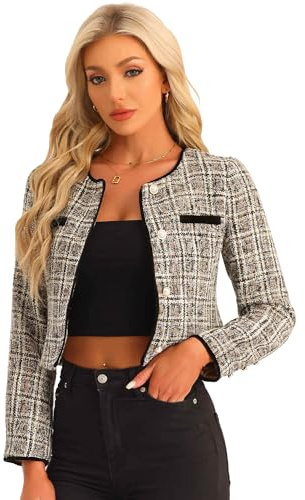Allegra K Tweed Blazers for Women Collarless Long Sleeve Button Down Vintage Business Casual Cropped Blazer Jacket Large Apricot