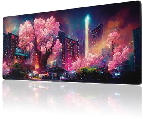 PastelMoon Grand tapis de souris de jeu avec bords cousus, Cyberpunk, motif fleurs de cerisier japonais, long et antidérapant, joli tapis de souris rose pour clavier et souris, 80 x 30 cm