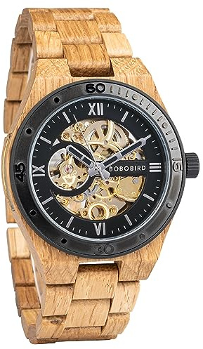 2win Herren Uhren Luxus Mechanisches Holzgehäuse Skelett Automatikwerk Selbstaufzug Leichte Echt Naturholz Band Armbanduhr