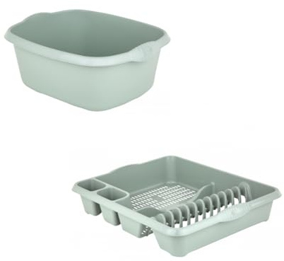 Aurora - Plastic Rectangular Washing Up Bowl & Large Dish Drainer Rack Plate Holder Kitchen Sink Set of 2 (Silver Sage)