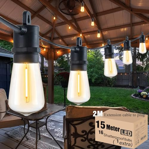 15M Festoon Lights Outdoor Mains IP65 Garden String Lights with 15+2 LED 2700K Bulbs Outdoor Lights for Indoor Outside Patio Pergola, 2M Extension Cable Built-in