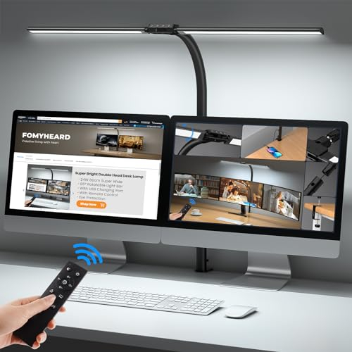 Doppelkopf Schreibtischlampe LED Dimmbar, 24W 80CM Schreibtischlampe Klemmbar, Augenschutz Tageslichtlampe mit Fernsteuerung, 10 Farb 10 Helligkeitsstufen, Home Büro Tischlampe Monitor Lampe mit USB