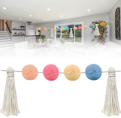 Fatiya Bommel-Girlande, Boho-Quaste, 200 cm, Bunte Pompon-Girlande, 16 Bälle, Bommel-Girlande für Klassenzimmer, Weihnachten, Valentinstag, Ostern, Innenund Außenbereich,