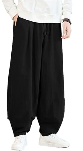 Linen Pants Martial Arts Pants Kung Fu Pants Yoga Lantern Pants Jogging Pants Relaxed Fit Yoga Pants for Men Women,Black,L