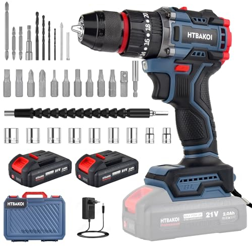 Perceuse Sans Fil 21V Visseuse Percussion Viseur Coffret Devisseuse Deviseuse Drill Parad Batterie Cordless Perceuse Visseuse Sans Fil, 2 * 2.0Ah Batteries, 32 Accessoires, 80N.m, Moteur Sans Balais