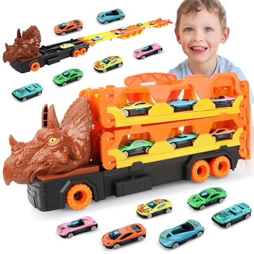 VATOS Transport Truck Spielzeug Autos für Jungen Alter 3 4 5 6 7, tragbare Dinosaurier Rennstrecke Truck Spielzeug mit 6 Rennwagen, Träger LKW Fahrzeuge für Kinder