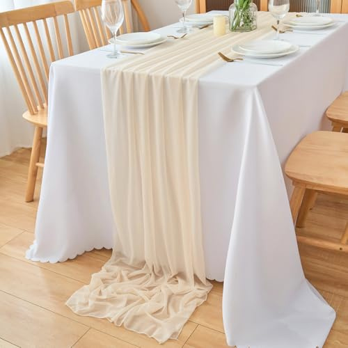 DecorMommt Tischläufer Hell Champagner Chiffon Dekostoff Tischläufer Hochzeit Tischdecke Tischdeko Läufer Tisch Modern Tischband Hochzeitsdeko für Geburtstage Hochzeiten Esszimmer Party, 77x300cm