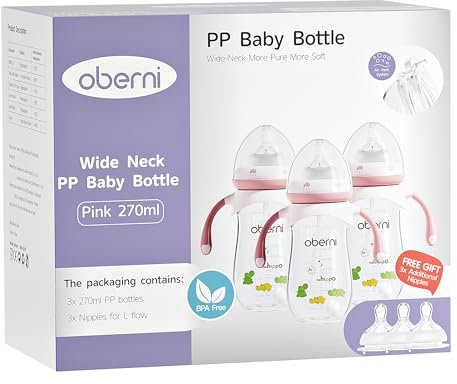 Oberni Anti-Colic Baby Bottle with Size 4 Breast-Like Teat, Non-Slip Handles, Weighted Straw for 12 Months Newborn Babies, 270ml/9oz/Pink/3Pack