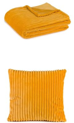 Gözze Cord Optik Wohndecke und 2er Set Cord-Kissen, 150x200 cm + 50x50 cm, Farbe: senf