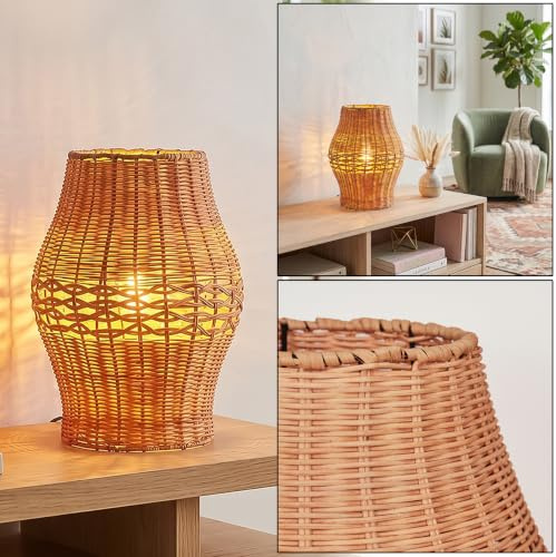 HOFSTEIN Tischleuchte Cardeira, Tischlampe aus Metall/Rattan in Schwarz/Naturfarben im Retro/Vintage/Boho-Design, Höhe 30 cm, Schalter am Kabel, E27, Lichteffekt, Wohnzimmer, Schlafzimmer, Flur, Büro
