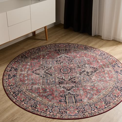 benuta Basic Waschbarer Teppich George - Multicolor/Beige 120 cm rund - Kunstfaser - rund & im Style: Vintage, Elegant, Retro - Pflegeleicht für Wohnzimmer Schlafzimmer