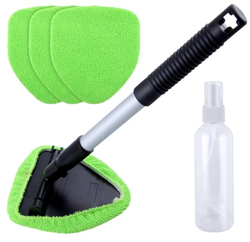 LEONTOOL Windshield Cleaning Tool, Windshield Cleaner Inside with 4 Reusable Washable Microfiber Pads and Extendable Handle, Car Window Cleaner Tool Universal Auto Glass Wiper Kit for RV, SUV, Truck