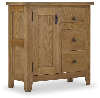 RoselandFurniture Broadway Oak Mini Sideboard Cabinet for Living Room | Fully Assembled, Wooden Buffet with Side Drawers and Cupboard, Waxed Finish, Traditional Rustic Style, H86cm W85cm D38cm