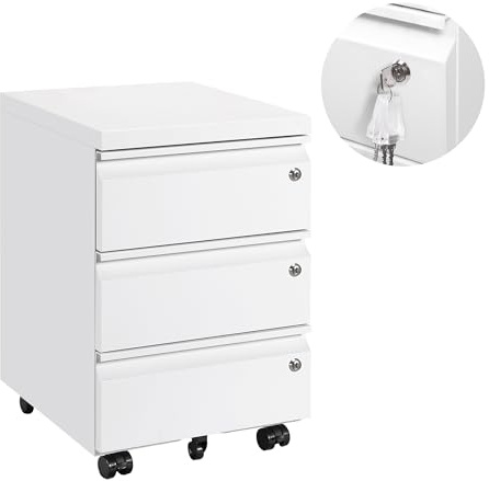 LVSTEEL Rollcontainer mit 3 Schubladen, Aktenschrank, Büroschrank aus Metall, Aktenschrank unter Schreibtisch, Vormontiert, Abschließbarer, Weiß