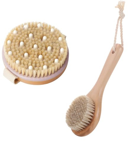 Dry Brush, Dry Brushing Body Brush, 2-Piece Set with Medium Handle and Round Head, for Exfoliating, Daily Skincare, Post-Workout Recovery, and Reducing Cellulite, 25 X 8 Cm and 11 Cm