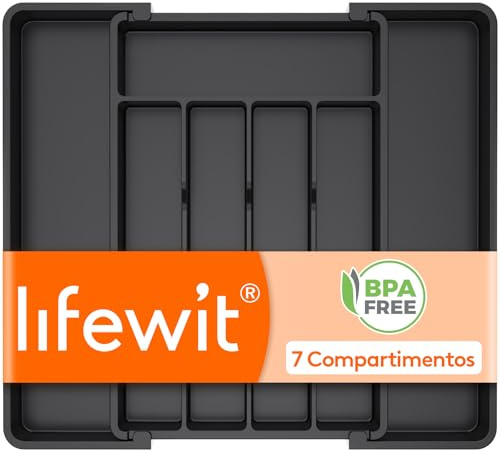 Lifewit Portaposate da Cassetto, Profondità 34,8 cm, Porta Posate Espandibile Fino a 40,9 cm, Porta Posate Cucina Regolabile in Resistente Plastica per Cucchiai, Forchette e Coltelli, Grande, Nero