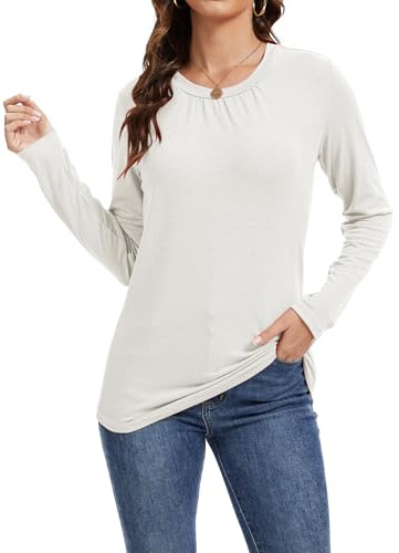 MAXTOOA Women's Long Sleeve Tunic Tops White XL | Crew Neck, Pleated Front, Casual Blouse, Holidays Gifts