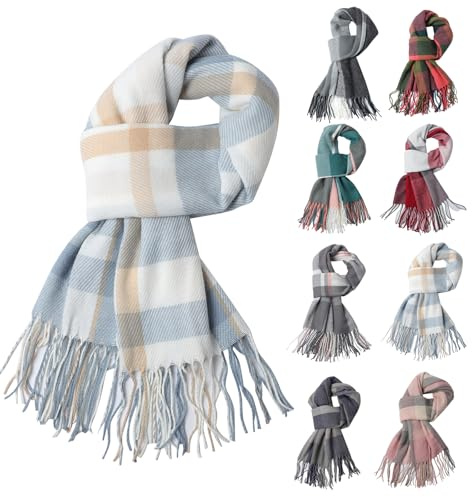 Fjquamitix Women Tartan Cashmere Scrarf, Ladies Scarves Wraps Winter Long Soft Warm Tassel Shawls Stole Gifts for Women (Blue + Off-white)