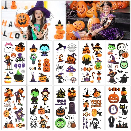 Cadimus Halloween Kinder Tattoos,10 Blätter Gesichtstattoo für Junge Mädchen, Hexe Geist Zombie Kürbis Tattoo,für Halloween Karneval Kinder Party,Tattoos Accessoires