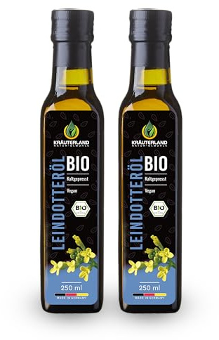 Kräuterland Bio Leindotteröl 2x250ml (500ml) kaltgepresst & mühlenfrisch | GVO-frei, Rohkostqualität, naturreines Camelina-sativa, glutenfrei, für Salat, Quark, Dips & Pesto, Omega-3 (ALA), Vitamin E