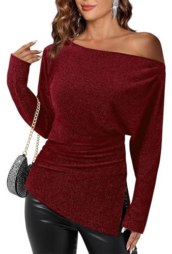Vafoly Pailletten Oberteil Damen Festlich: Glitzer Bluse für Die Weihnachtsfeier Schulterfreies Damen Langarm Autumn Clothes Women Elegant Formelle Tunika Mode Neu Weinrot XL