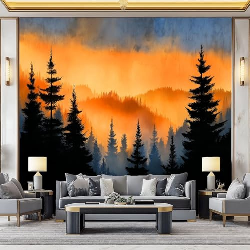 Naranja Fondo de Pantalla PanoráMica 3d, Elegante Montañas Bosque Atardecer Fotomurales Mural 200 x 140 cm (An x Al) – Decoración de Pared Para Sala Cuarto Oficina y Salón
