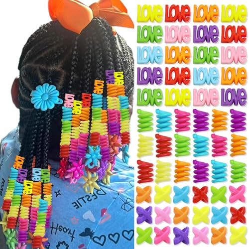 Auroriel 60 Stück Bunte Haarperlen Mädchen Kinder Zöpfe Dreadlock Multi-Form LOVE Spirale X mit Einfädelhilfe