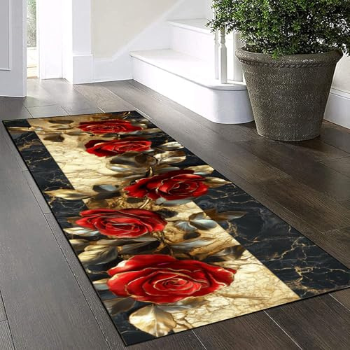 Yinghesheng Teppich Läufer,Rote Rosen,Küchenläufer waschbar 60×160 cm 3D-Muster Teppichläufer rutschfest für Läufer Flur, Küche, Korridor,Vorzimmer, Eingang,Bettvorleger, Schlafzimmer Deko