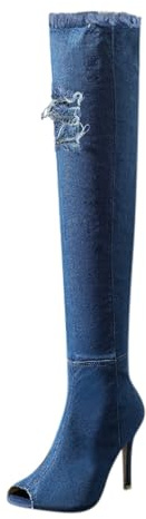 Women's Over-the-Knee Denim Boots, Peep Toe, Distressed Black, High Heel Boots Jeans Fashion Autumn Womens Spring (Light blue, 5)