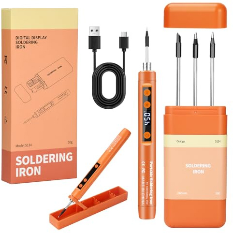 VOKTTA Mini Akku Lötkolben Set mit Ständer, LCD Display, Orange | Einstellbare Temperatur 180-450°C, 3 Lötspitzen, USB Lötstation, für Reparatur Leiterplatten, Schweißreparaturen