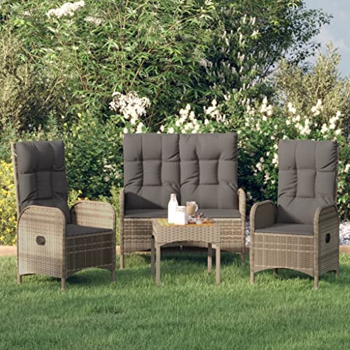 QJBSAVVA Ensemble de 3 meubles de jardin en polyrotin avec fonction allongée, verre trempé, table 57 x 62,5 x 109 cm, gris, peu encombrant, pour petits balcons, terrasses et jardin