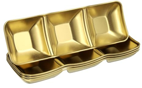 QUARKZMAN 4 Stück Edelstahl Soßenschälchen 3-Fach Unterteilt Sushi Soja Soße Dip Schalen Metall Gewürzschalen Vorspeisen Servierteller Soßenschale Für Zuhause Küche BBQ Gold