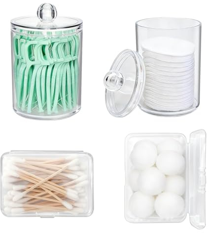 HUOMAQFAN 4 recipientes para bastoncillos de algodón para viajes, soporte Qtip, bastoncillos de algodón transparentes para viajes con tapa a prueba de polvo, soporte para bastoncillos de algodón para