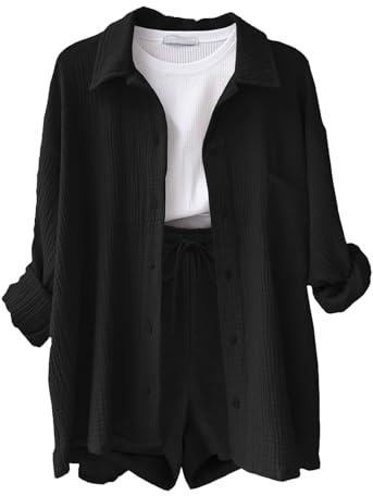 CheChury Completo Donna 2 Pezzi in Lino e Cotone Tuta da Donna Elegante Estivi Casual Tuta Estiva 2 Pezzi Set Camicia a Maniche Lunghe e Pantaloncini a Vita Alta con Coulisse Tasche Spiaggia Vacanza