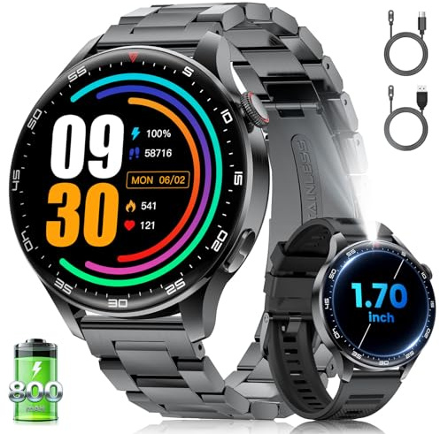 Montre Connectée Homme avec Appel Bluetooth, 1,7 Grande Écran Smartwatch avec Torche LED/800mAh/IP68 Étanche/100+ Modes Sportifs/Fréquence Cardiaque, Sommeil Moniteur pour Android iOS, Noir-Silicone