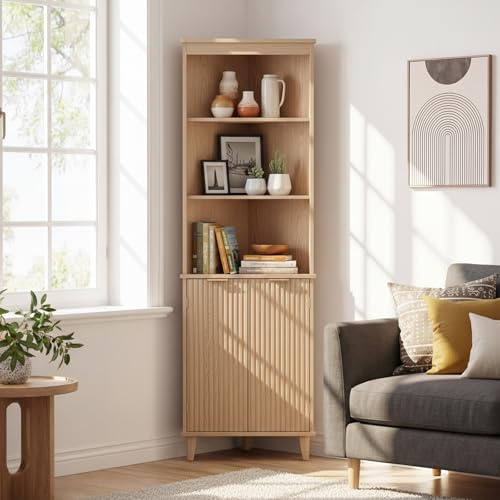Giantex 68 Tall Corner Cabinet with Fluted Doors, Mid Century Modern Bathroom Floor Storage Cabinet, 6-Tier Space Saver Display Shelves for Kitchen, Living Room, Hallway, Laundry (Oak)