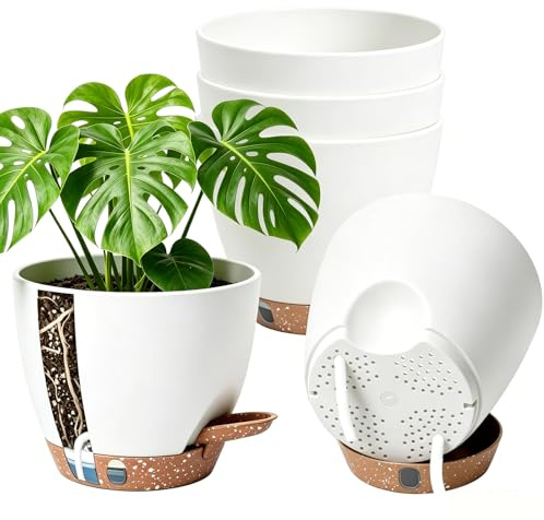 Anhow Macetas Autorriego Juego de 5, Ø 15,2 Macetero de Auto-riego Macetas Plastico con Agujeros de Drenaje Maceteros Decorativos Interior para la Cocina, Balcón, Plantas de Jardín, Blanco | Jardinera autoregado macetas para interior, exterior, balcón y lote de 5