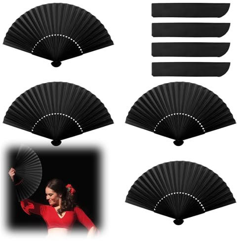 MeFay 4 Pack Black Silk Fabric Hand Fans, Chinese Folding Hand Fan Handheld Fan for Wedding, Preference, Performance, Dancing, Home Decoration, Festival Accessories