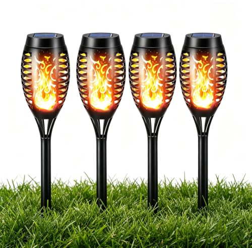 Torch Lights Outdoor, Flickering Flame Garden Lights, Solar Powered Waterproof LED Garden Torches, Decorative Pathway Lights for Patio, Yard, Outdoor Landscape (Flickering Flame Lights - 4 PCS)