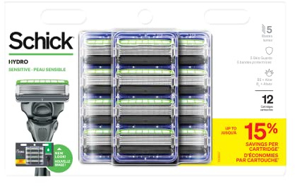 Schick Hydro Sense Sensitive Mens Razor Blade Refill With Skin Guards, Includes 12 Razor Blades Refills