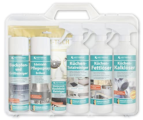 HOTREGA Küchen-Set 8-teilig | Komplett-Reinigung in praktischem Koffer | Pflegeset mit Fettlöser, Edelstahlreiniger & Backofenspray | Inklusive 2 Mikrofasertücher | Deutsche Premium-Qualität