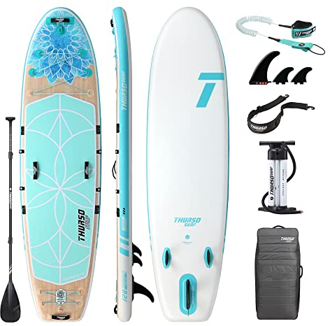 THURSO SURF Tranquility aufblasbares Yoga Stand Up Paddle Board SUP 325x86x15 cm Paket Inclusive Paddel mit KARBON-Schaft/2+1 Flossen mit Schnellverschluss/Leine/Pumpe/Rucksack