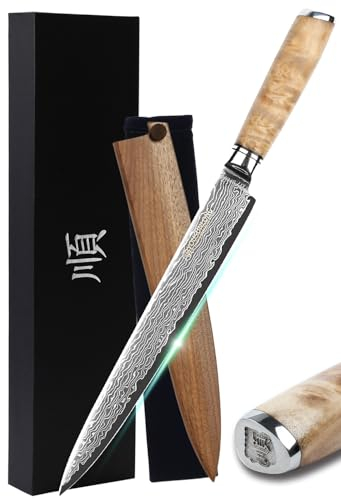 Sunlong Sashimi Fischfiletmesser 25.4cm - Japanischer Damaskus Super Steel - Wurzelholzmesser Sushimesser - Walnussholzscheide - Flanell Messertasche