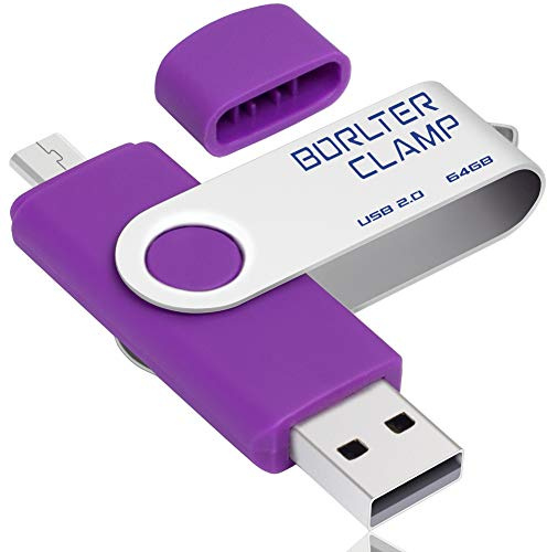 BORLTER CLAMP 64GB Memory Stick Dual USB Flash Drive, OTG Swivel Thumb Drive with Micro USB Drive Port for Android Smartphone Tablet and Computer (Purple)
