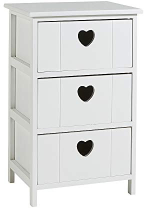 Home Source Bedside Chest of Drawers, Wooden Storage Unit Bedroom Organiser, Love Heart Design, 3 Drawer, White