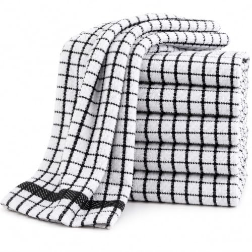 Adore Home 6 or 12 Pack Check Tea Towel Cotton Absorbent, Black, 6 Pack