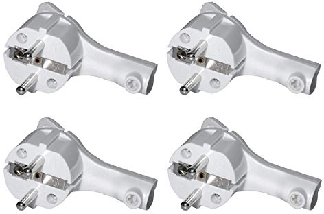Enchufe Macho Plano Acodado con Contacto de Puesta a Tierra Plástico 8 mm de Altura asa Plegable Protección Contra Dobladuras 250V 16A para Cable de hasta 3x1,5 mm² Angulo CEE 7/7 4 Pieza Blanco