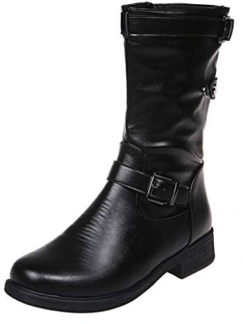 UMore Botines de Caña Media para Mujer Moda Botas Altas Invierno Mujer, Zapatos Mujer Cuña Planos Sintética Peluche Jinete Bajo Cómodos Peludas Calentitas…